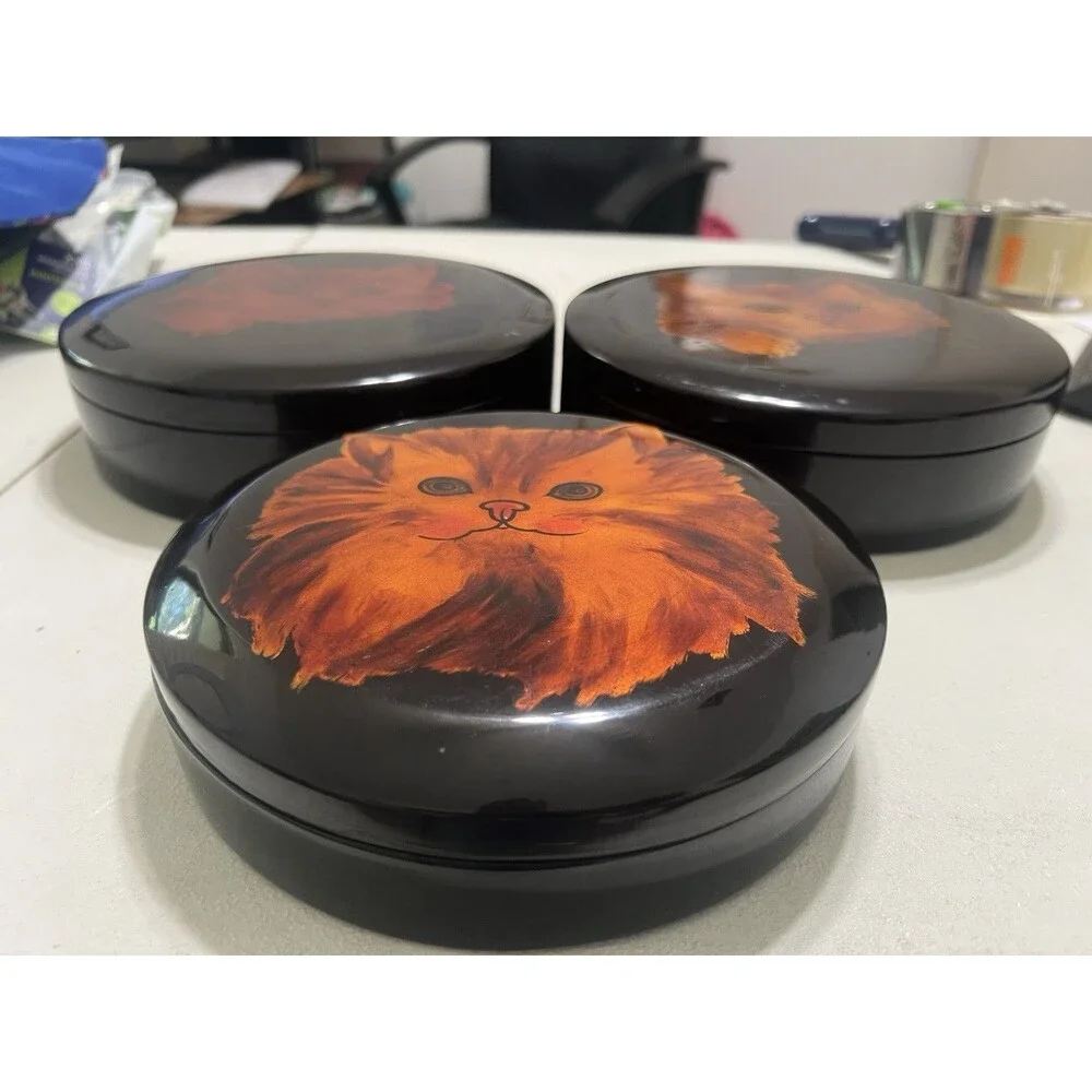 Vintage Wood Black Lacquer Set of 3 Large Cat Trinket Boxes Handpainted